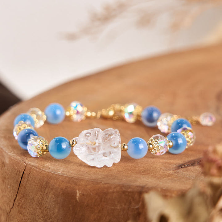 Pulsera de armonía con zorro de nueve colas y cristal blanco y ágata azul natural de Buddha Stones