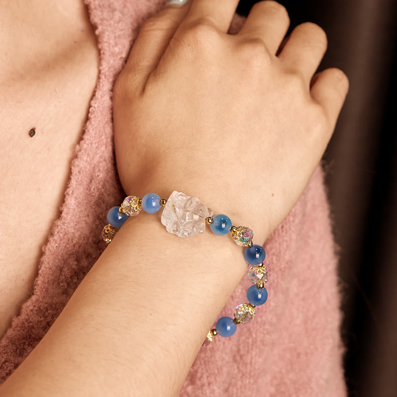 Pulsera de armonía con zorro de nueve colas y cristal blanco y ágata azul natural de Buddha Stones