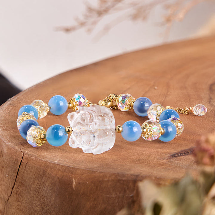 Pulsera de armonía con zorro de nueve colas y cristal blanco y ágata azul natural de Buddha Stones