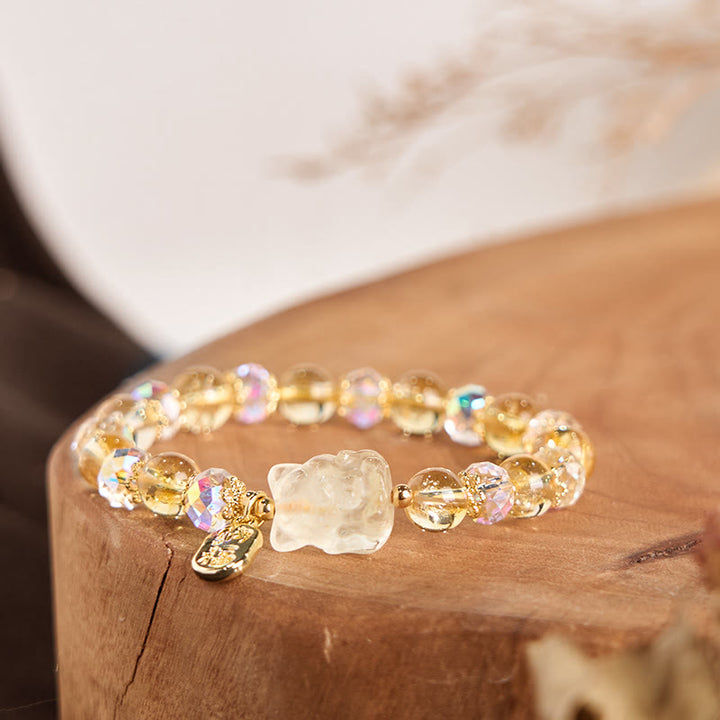 Pulsera energética con amuleto para atraer la riqueza con forma de zorro de nueve colas y cristal blanco citrino natural de Buddha Stones