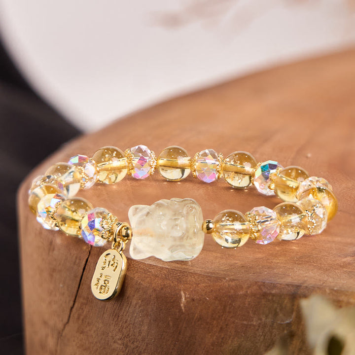Pulsera energética con amuleto para atraer la riqueza con forma de zorro de nueve colas y cristal blanco citrino natural de Buddha Stones