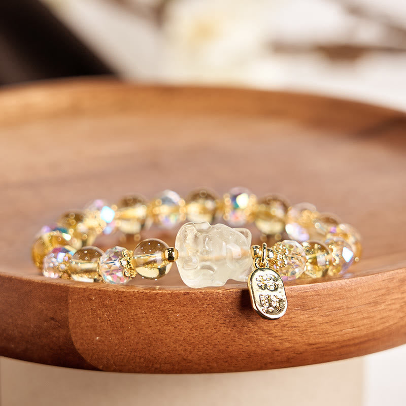 Pulsera energética con amuleto para atraer la riqueza con forma de zorro de nueve colas y cristal blanco citrino natural de Buddha Stones