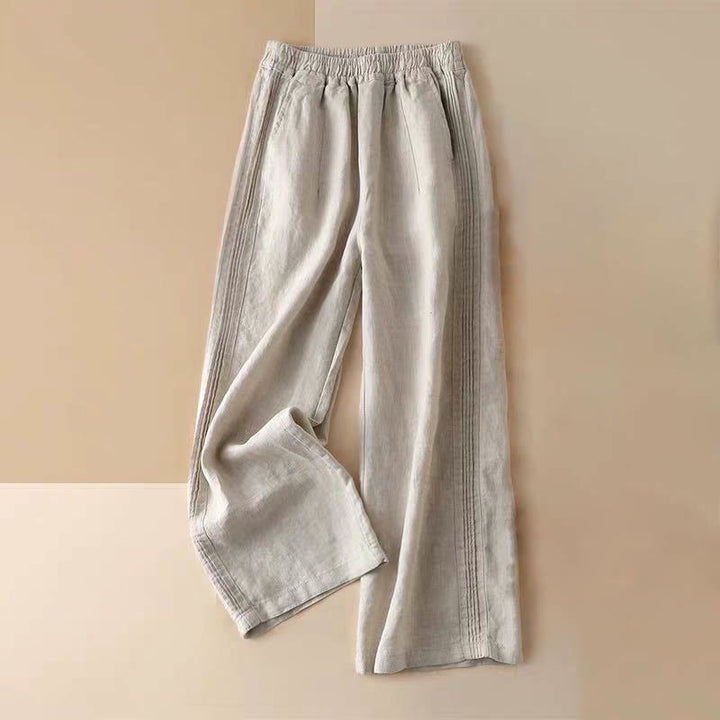Pantalones de lino y algodón con pliegues laterales, de color liso, informales, para mujer, con pernera ancha y bolsillos , de Buddha Stones