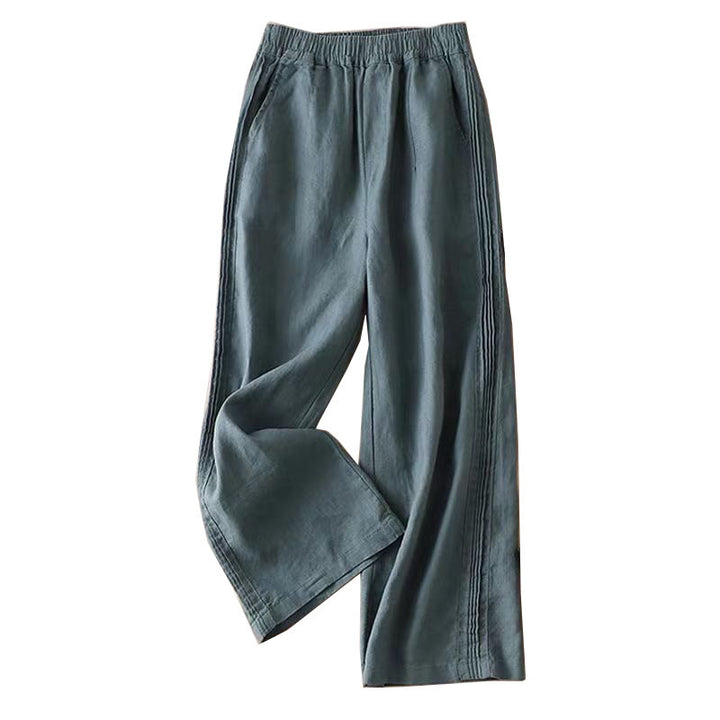 Pantalones de lino y algodón con pliegues laterales, de color liso, informales, para mujer, con pernera ancha y bolsillos , de Buddha Stones