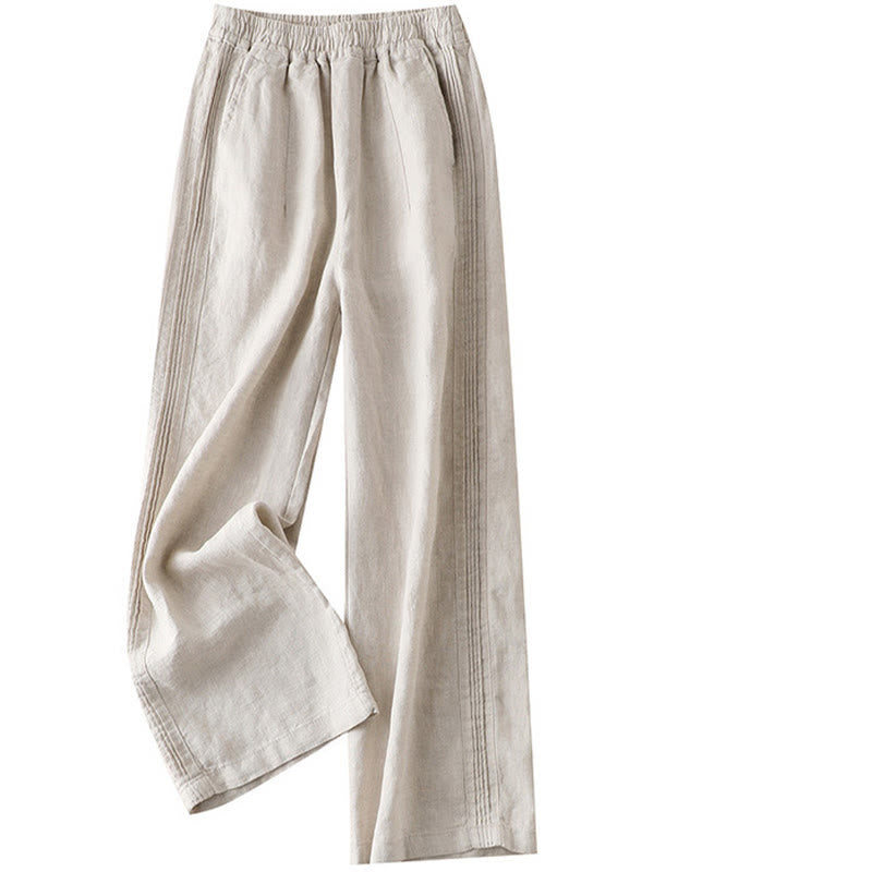Pantalones de lino y algodón con pliegues laterales, de color liso, informales, para mujer, con pernera ancha y bolsillos , de Buddha Stones