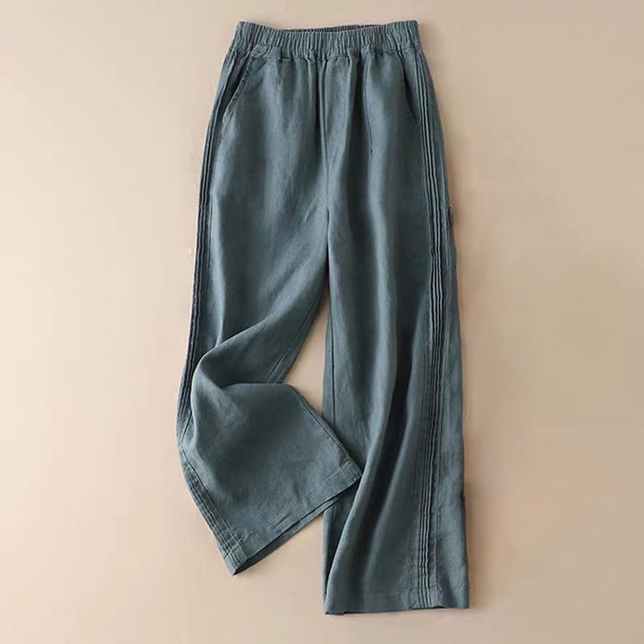Pantalones de lino y algodón con pliegues laterales, de color liso, informales, para mujer, con pernera ancha y bolsillos , de Buddha Stones