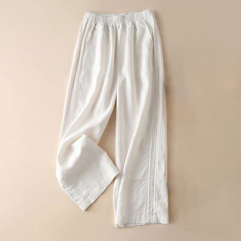 Pantalones de lino y algodón con pliegues laterales, de color liso, informales, para mujer, con pernera ancha y bolsillos , de Buddha Stones