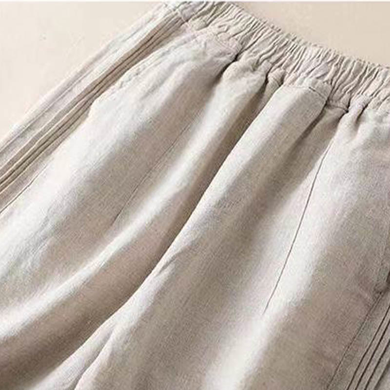 Pantalones de lino y algodón con pliegues laterales, de color liso, informales, para mujer, con pernera ancha y bolsillos , de Buddha Stones