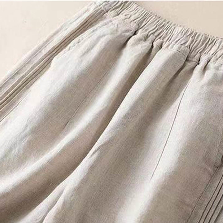 Pantalones de lino y algodón con pliegues laterales, de color liso, informales, para mujer, con pernera ancha y bolsillos , de Buddha Stones