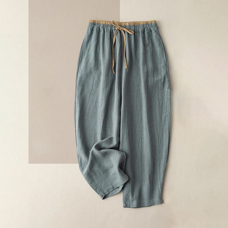 Pantalones casuales de lino y algodón de color liso con cordón para mujer con bolsillos y Buddha Stones