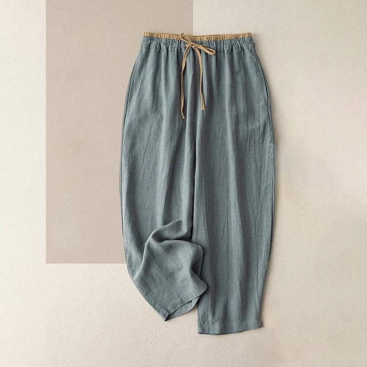 Pantalones casuales de lino y algodón de color liso con cordón para mujer con bolsillos y Buddha Stones