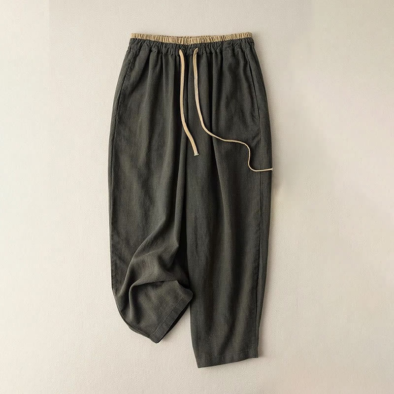 Pantalones casuales de lino y algodón de color liso con cordón para mujer con bolsillos y Buddha Stones