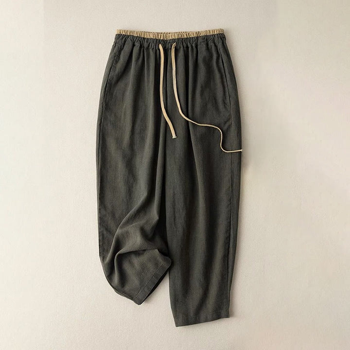 Pantalones casuales de lino y algodón de color liso con cordón para mujer con bolsillos y Buddha Stones