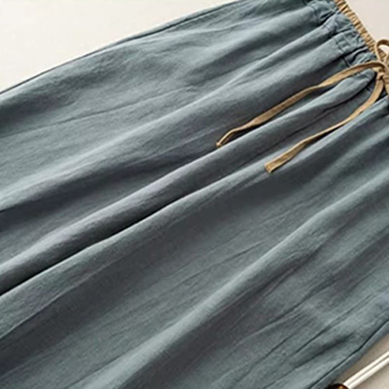 Pantalones casuales de lino y algodón de color liso con cordón para mujer con bolsillos y Buddha Stones