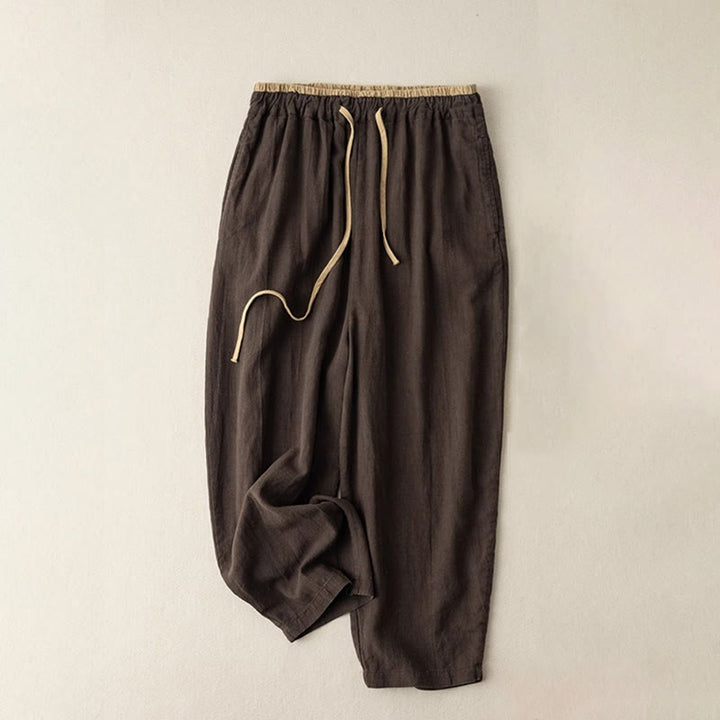Pantalones casuales de lino y algodón de color liso con cordón para mujer con bolsillos y Buddha Stones