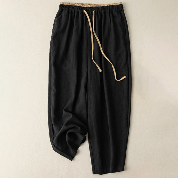 Pantalones casuales de lino y algodón de color liso con cordón para mujer con bolsillos y Buddha Stones