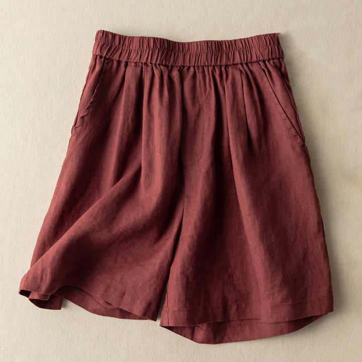 Pantalones cortos de lino y algodón de color liso para mujer con bolsillos y Buddha Stones
