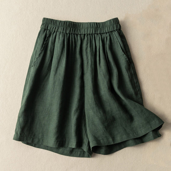 Pantalones cortos de lino y algodón de color liso para mujer con bolsillos y Buddha Stones