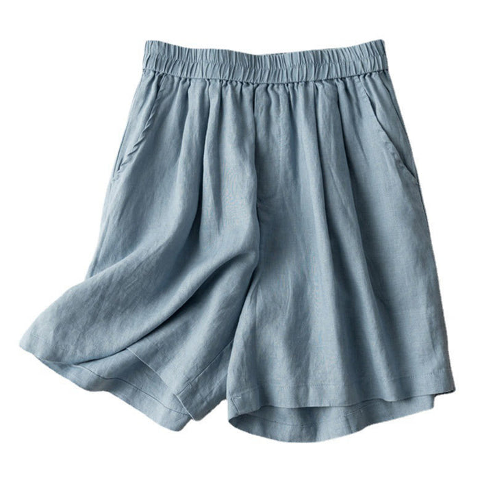 Pantalones cortos de lino y algodón de color liso para mujer con bolsillos y Buddha Stones