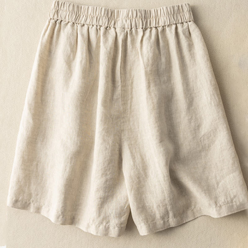 Pantalones cortos de lino y algodón de color liso para mujer con bolsillos y Buddha Stones