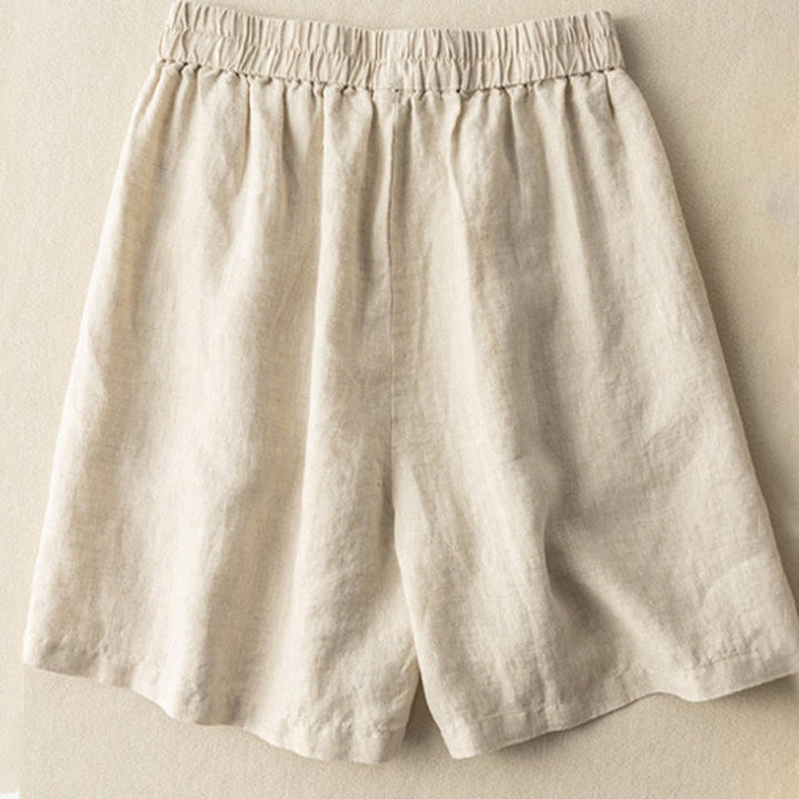 Pantalones cortos de lino y algodón de color liso para mujer con bolsillos y Buddha Stones