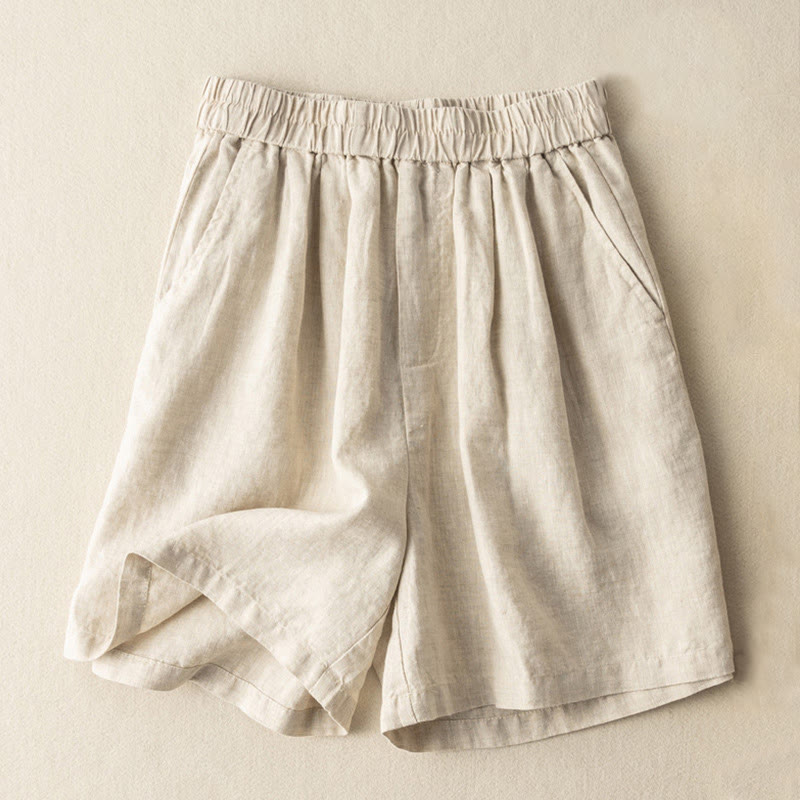 Pantalones cortos de lino y algodón de color liso para mujer con bolsillos y Buddha Stones