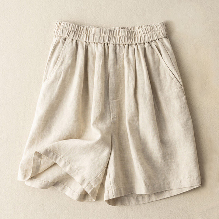 Pantalones cortos de lino y algodón de color liso para mujer con bolsillos y Buddha Stones