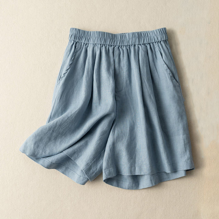 Pantalones cortos de lino y algodón de color liso para mujer con bolsillos y Buddha Stones