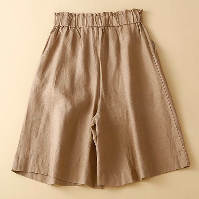 Pantalones cortos de lino y algodón con botones y cremallera plisados ​​de color liso con Buddha Stones para mujer con bolsillos - image 2