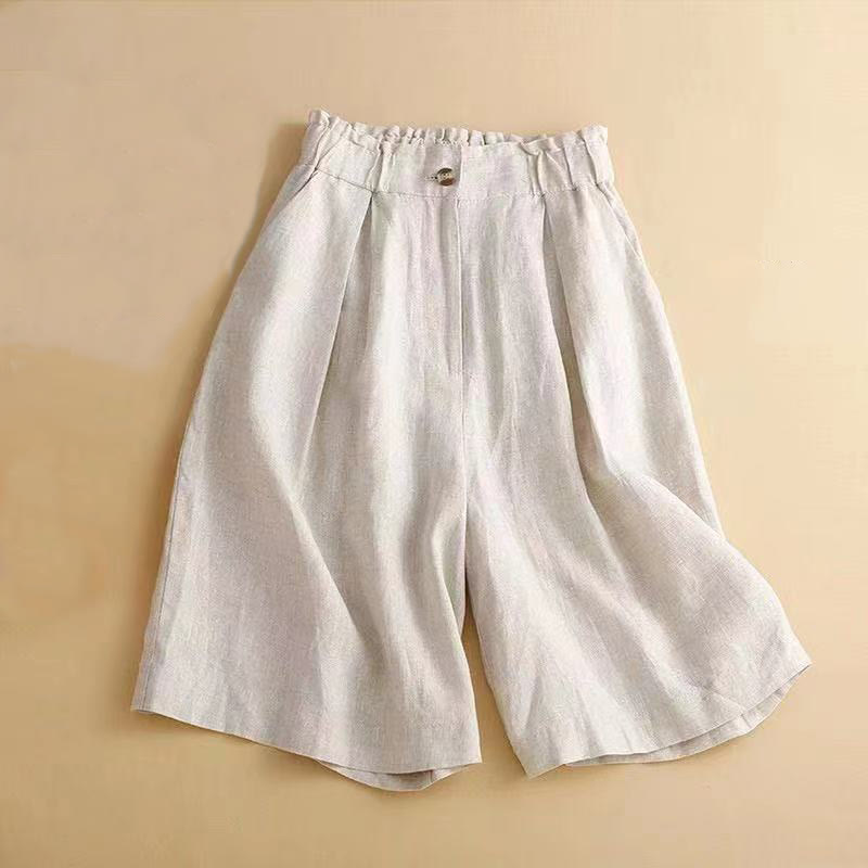 Pantalones cortos de lino y algodón con botones y cremallera plisados ​​de color liso con Buddha Stones para mujer con bolsillos - Beige - US12, UK/AU16, EU44 (3XL) - image 10