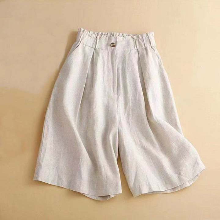 Pantalones cortos de lino y algodón con botones y cremallera plisados ​​de color liso con Buddha Stones para mujer con bolsillos - Beige - US12, UK/AU16, EU44 (3XL) - image 10