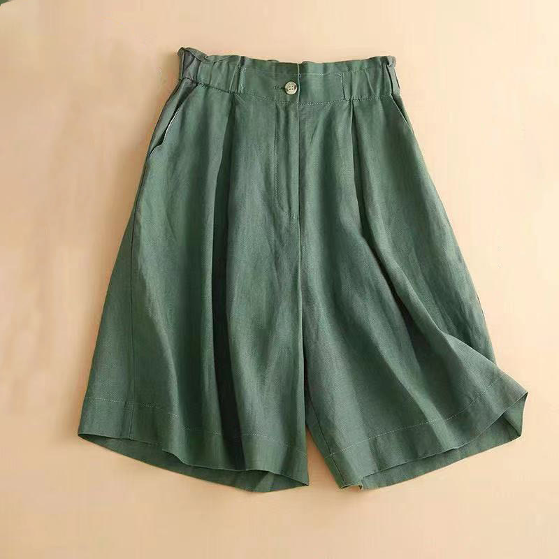 Pantalones cortos de lino y algodón con botones y cremallera plisados ​​de color liso con Buddha Stones para mujer con bolsillos - Verdemar - US12, UK/AU16, EU44 (3XL) - image 14