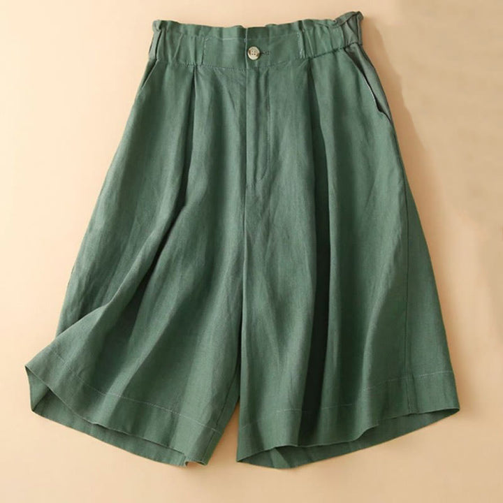 Pantalones cortos de lino y algodón con botones y cremallera plisados ​​de color liso con Buddha Stones para mujer con bolsillos - image 15