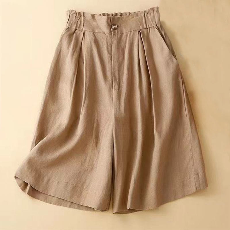 Pantalones cortos de lino y algodón con botones y cremallera plisados ​​de color liso con Buddha Stones para mujer con bolsillos - Vara de oro - US12, UK/AU16, EU44 (3XL) - image 0