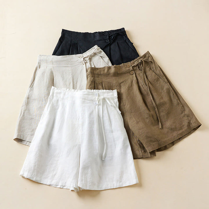 Pantalones cortos de lino y algodón con dos botones y bolsillos para mujer con Buddha Stones
