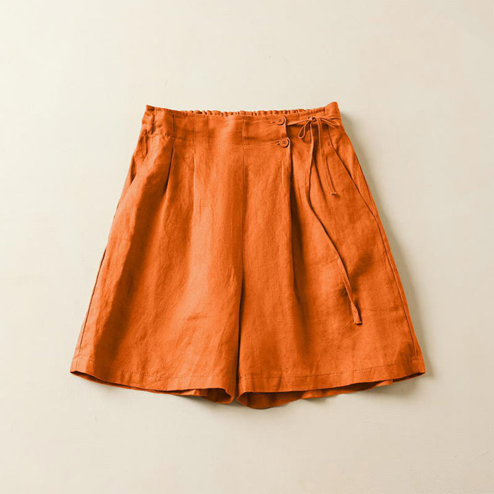 Pantalones cortos de lino y algodón con dos botones y bolsillos para mujer con Buddha Stones