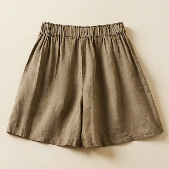 Pantalones cortos de lino y algodón con dos botones y bolsillos para mujer con Buddha Stones