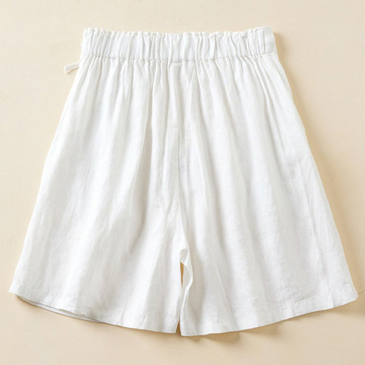 Pantalones cortos de lino y algodón con dos botones y bolsillos para mujer con Buddha Stones