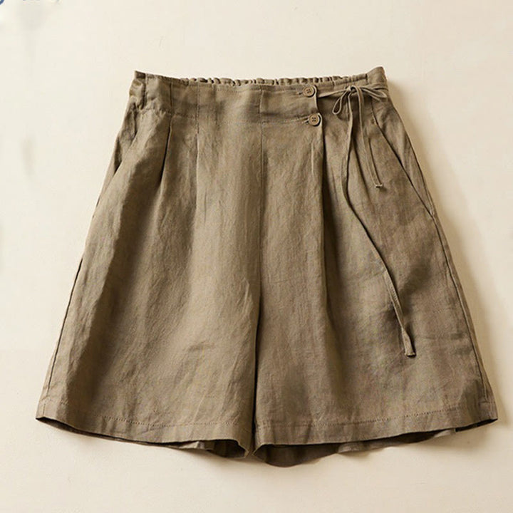 Pantalones cortos de lino y algodón con dos botones y bolsillos para mujer con Buddha Stones