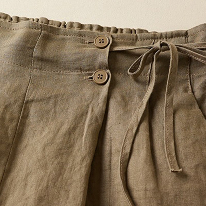 Pantalones cortos de lino y algodón con dos botones y bolsillos para mujer con Buddha Stones
