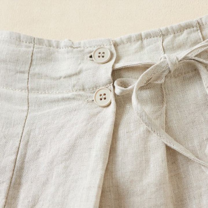 Pantalones cortos de lino y algodón con dos botones y bolsillos para mujer con Buddha Stones