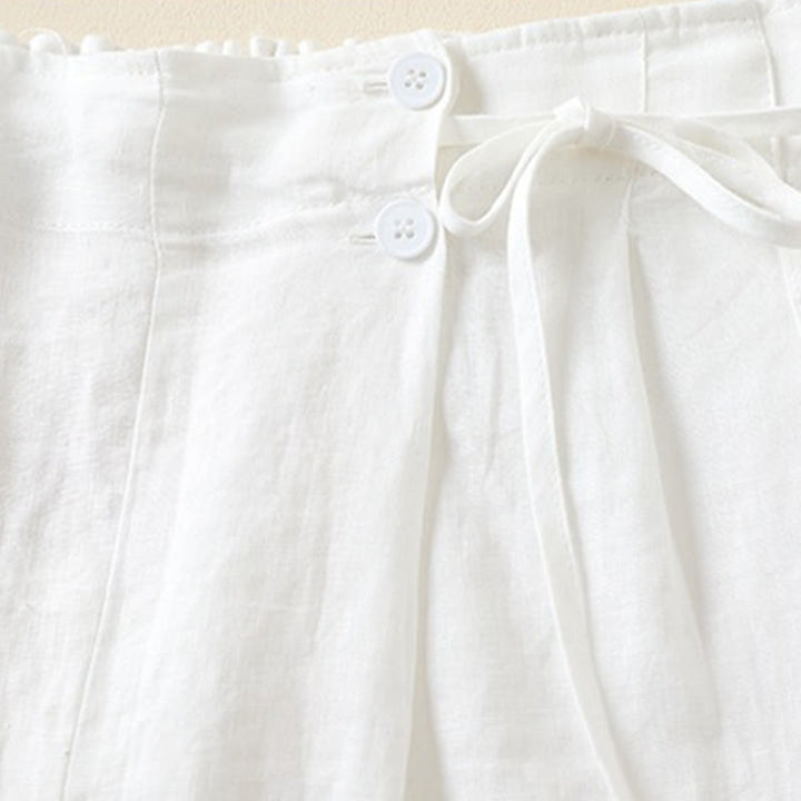 Pantalones cortos de lino y algodón con dos botones y bolsillos para mujer con Buddha Stones