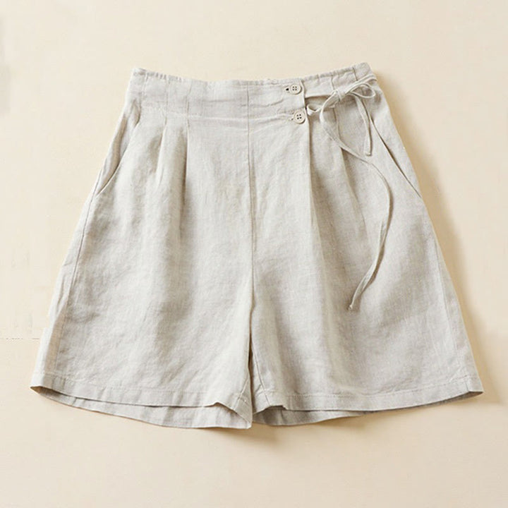 Pantalones cortos de lino y algodón con dos botones y bolsillos para mujer con Buddha Stones