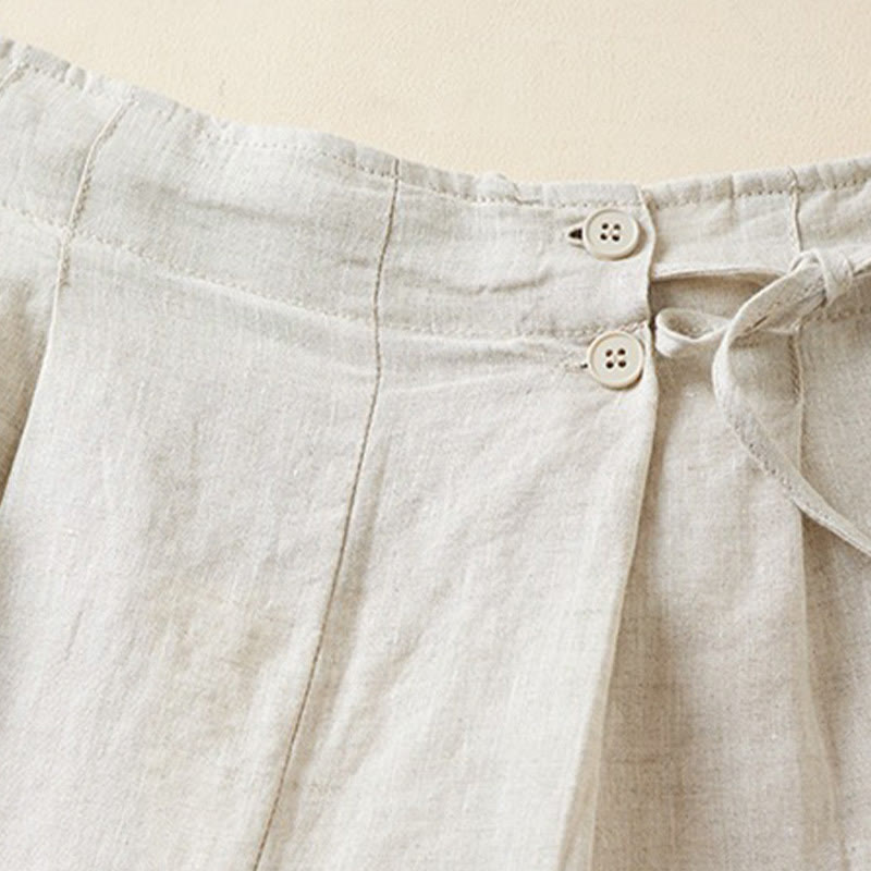 Pantalones cortos de lino y algodón con dos botones y bolsillos para mujer con Buddha Stones