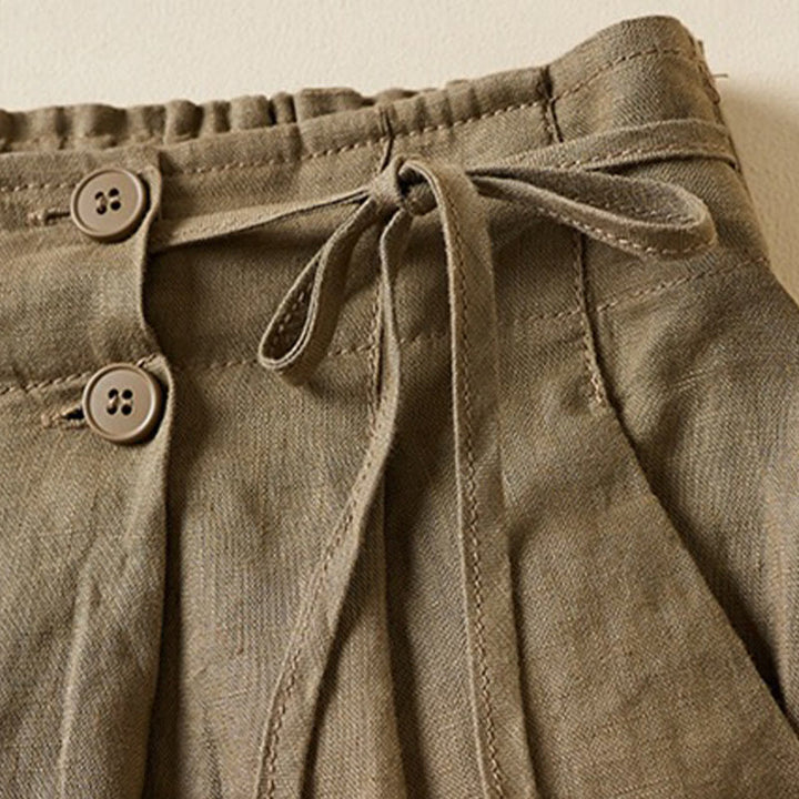 Pantalones cortos de lino y algodón con dos botones y bolsillos para mujer con Buddha Stones