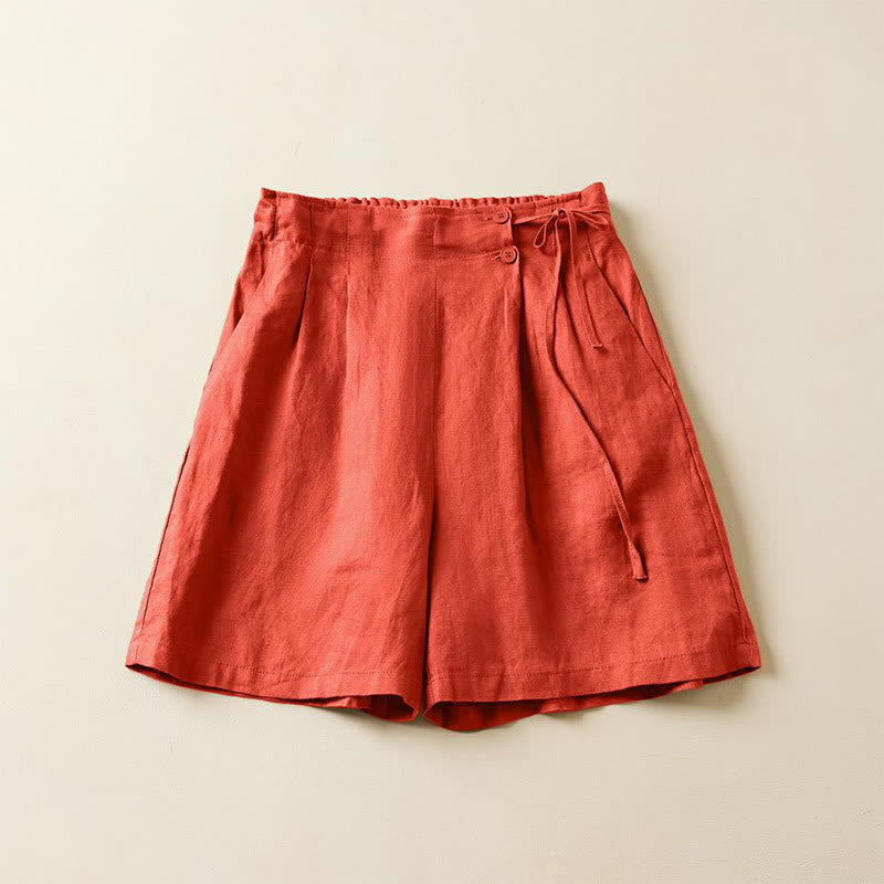 Pantalones cortos de lino y algodón con dos botones y bolsillos para mujer con Buddha Stones