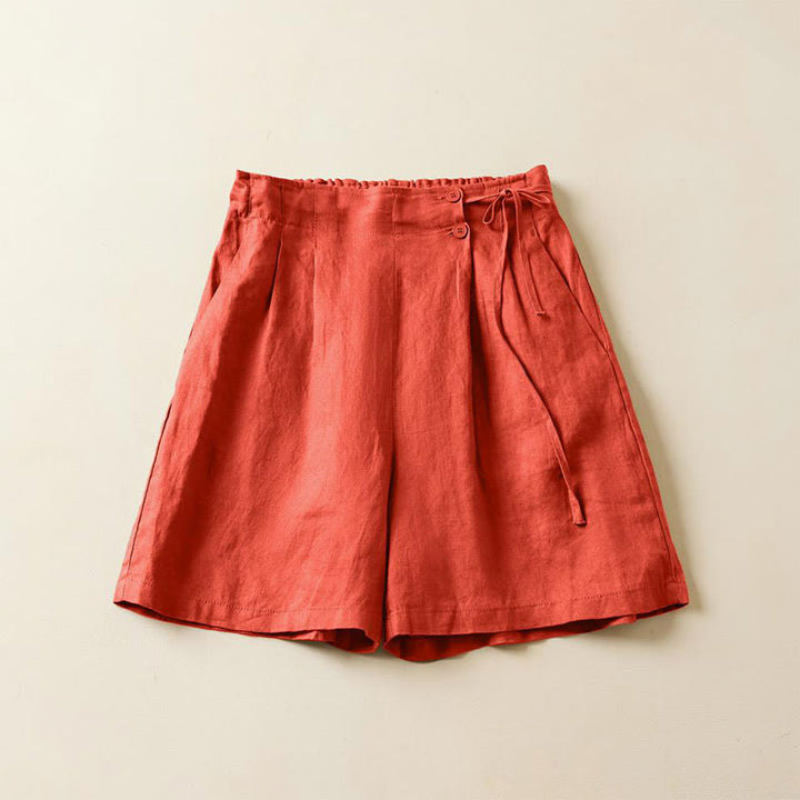 Pantalones cortos de lino y algodón con dos botones y bolsillos para mujer con Buddha Stones