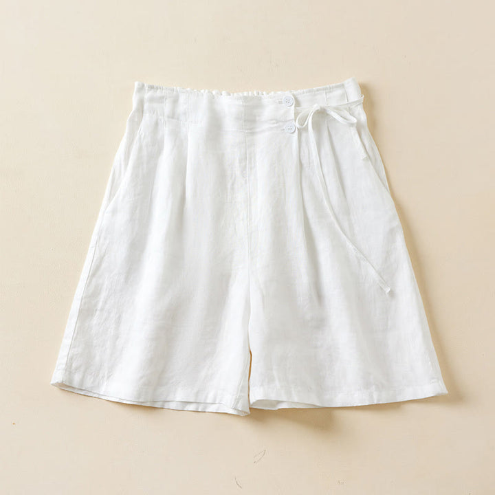 Pantalones cortos de lino y algodón con dos botones y bolsillos para mujer con Buddha Stones