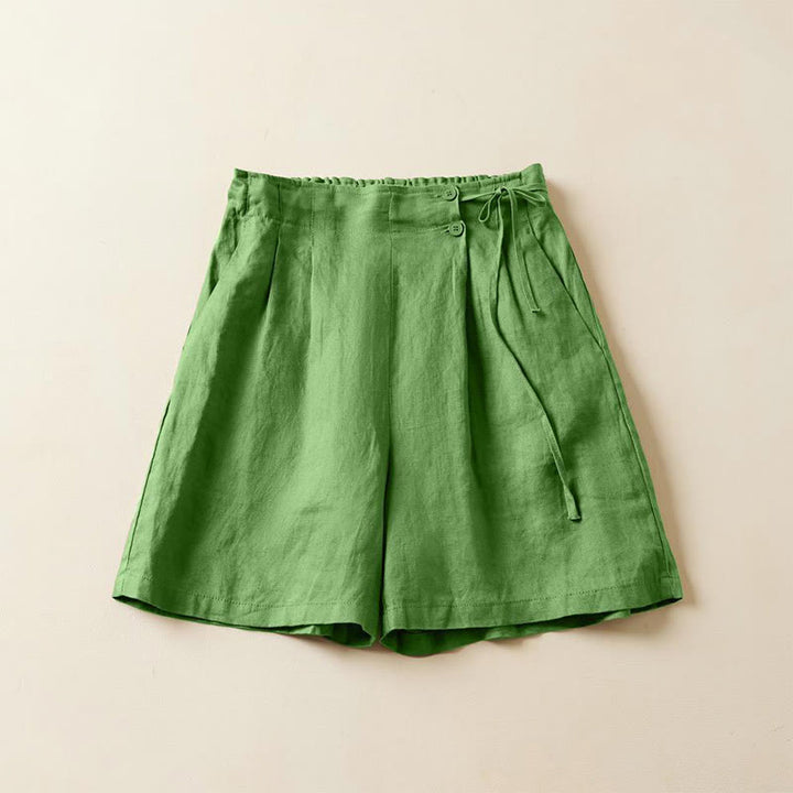 Pantalones cortos de lino y algodón con dos botones y bolsillos para mujer con Buddha Stones