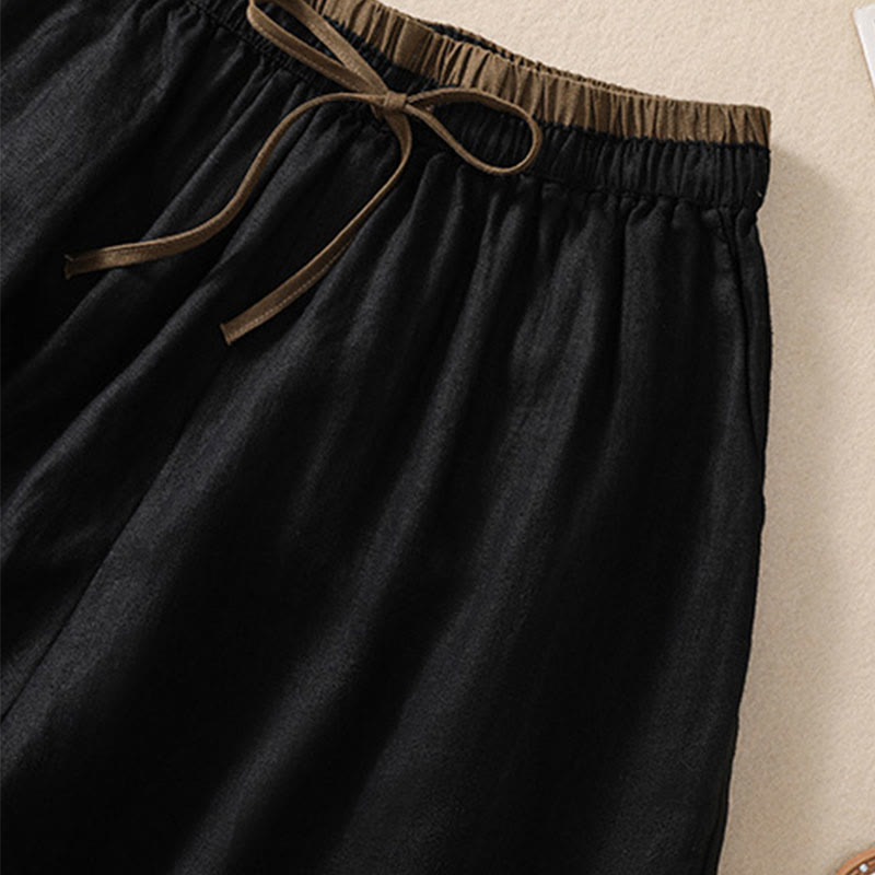 Pantalones cortos de lino y algodón con cintura con contraste de color liso y bolsillos para mujer con Buddha Stones - image 10